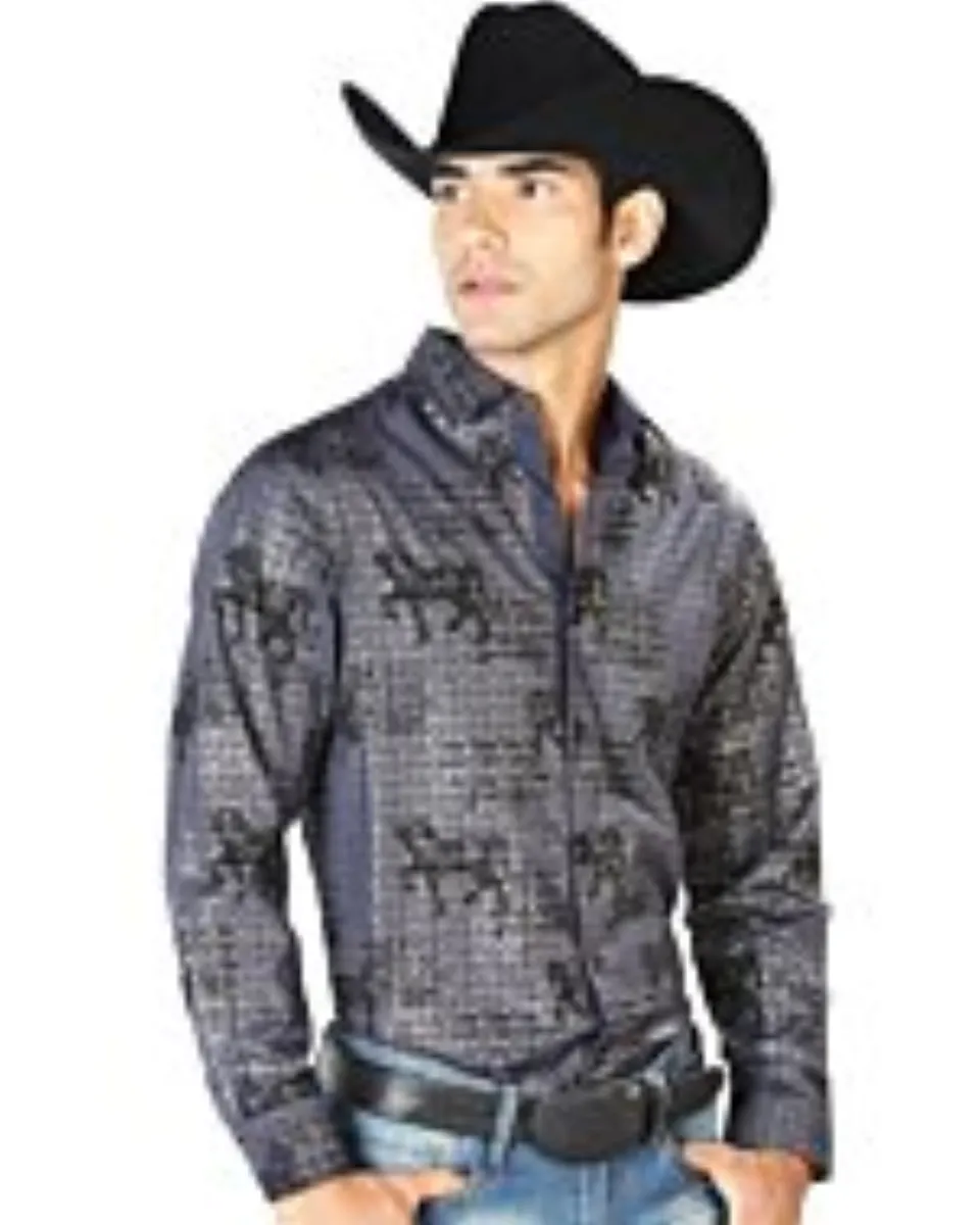 Camisa El Señor De Los Cielos 43598 Color Navy Con Caballos Negros