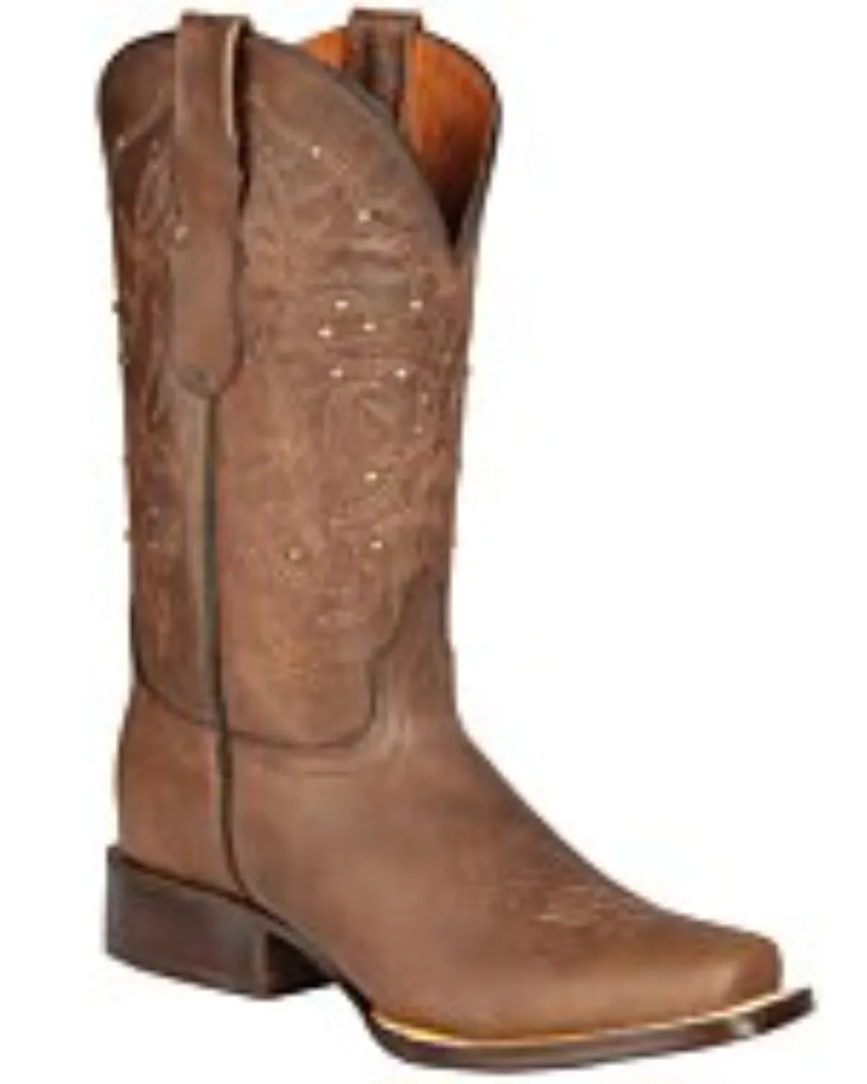 El General 44853 women's cowgirl boots in brown Alazan leather with Rodeo toe, leather outsole, and elegant Western embroidery.