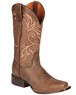 El General 44854 women's Western boots in brown Alazan leather with intricate embroidery, Rodeo toe, and leather outsole.