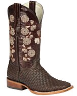 Botas vaqueras para mujer El General 44855 en piel Crazy Petatillo color café, Horma Texas, suela de cuero y bordado floral.