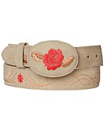 Cinturón para mujer El General 125465 en piel nubuck color arena, con bordado floral y diseño de rosa roja en el centro.