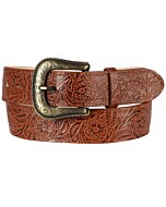 Women’s Cowgirl Belt in Cognac Chiseled Leather with Floral Design and Bronze-Tone Buckle, Made in Mexico.