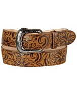 Cinturón Vaquero de Piel Cincelada para Mujer con Diseño Floral y Hebilla Plateada, Color Orix, Hecho en México.
