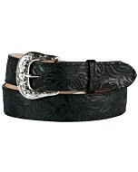 Cinturón Vaquero de Piel Cincelada para Mujer en Color Negro con Diseño Floral y Hebilla Plateada, Hecho en México.