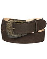 El General 44646 belt in brown nubuck leather featuring a decorative Western-style buckle with intricate tooling.
