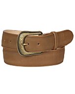 Western belt El General 44647 in tobacco Crazy Leather with a vintage-inspired engraved buckle.