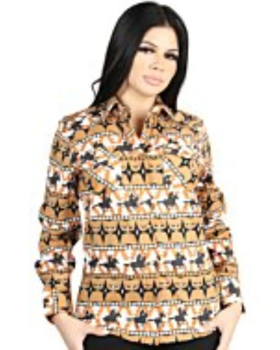 Camisa Vaquera para Mujer Taupe con Estampado de Cowboy – El General 44481