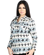 Women’s Blue Western Shirt with Cowboy and Horse Print – El General 44482