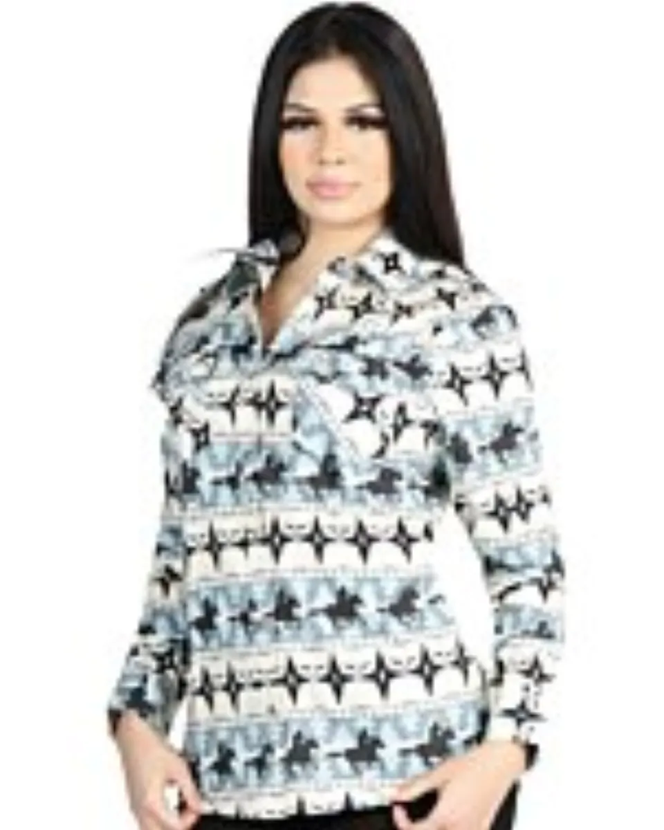 Camisa Vaquera para Mujer Azul con Estampado Western de Cowboys y Caballos – El General 44482