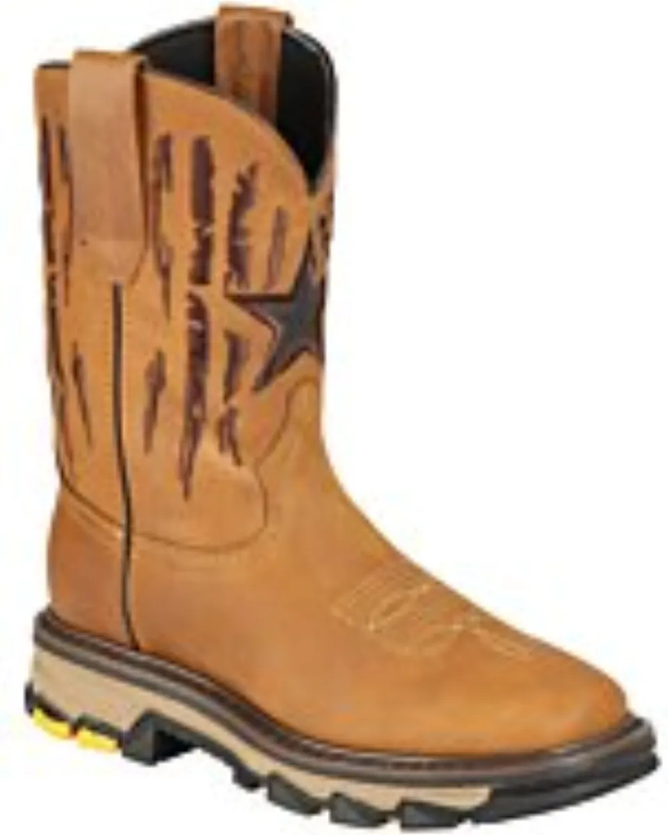 Botas de trabajo vaqueras para hombre en piel Crazy color miel, con horma cuadrada Malibu, bordado de estrellas y suela de hule, modelo El General 44690.